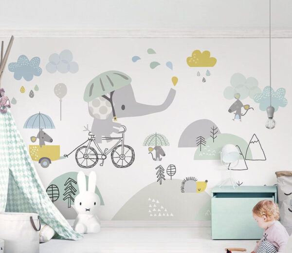 Beeldverhaal olifant op een fiets Fotobehang Beeldverhaal olifant op een fiets