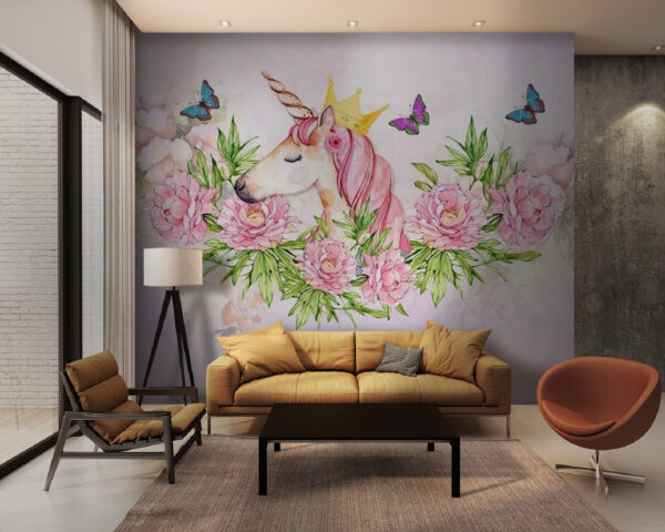 Eenhoorn met een kroon en vlinders Fotobehang Eenhoorn met een kroon en vlinders