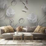 Fotobehang Witte bloemen en vlinders