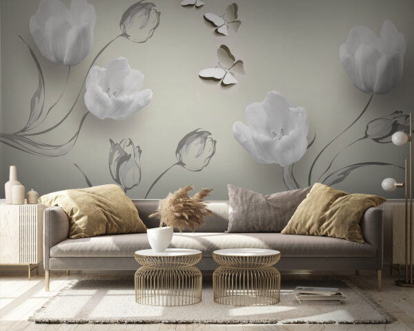 Witte bloemen en vlinders Fotobehang Witte bloemen en vlinders