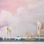 Fotobehang Roze lucht met witte wolken