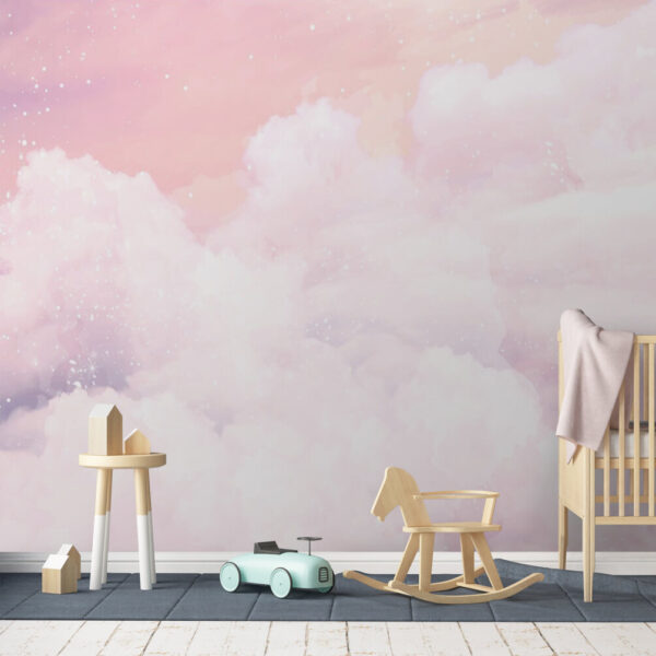 Roze lucht met witte wolken Fotobehang Roze lucht met witte wolken