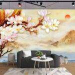 Fotobehang Schilderij van een tak met bloemen en bergen op de achtergrond