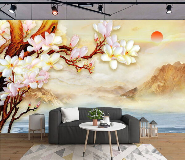 Schilderij van een tak met bloemen en bergen op de achtergrond Fotobehang Schilderij van een tak met bloemen en bergen op de achtergrond