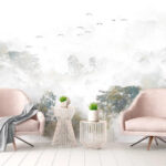 Fotobehang Vogels vliegen over bomen