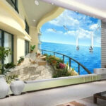 Fotobehang Balkon met uitzicht op de oceaan en boten
