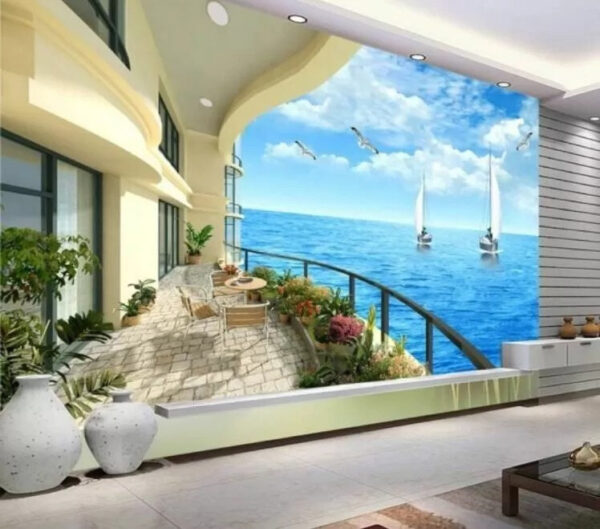 Balkon met uitzicht op de oceaan en boten Fotobehang Balkon met uitzicht op de oceaan en boten