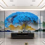 Fotobehang Boom met blauwe bladeren