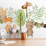 Fotobehang Aquarel illustratie van dieren en bomen