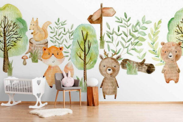 Aquarel illustratie van dieren en bomen Fotobehang Aquarel illustratie van dieren en bomen