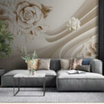 Fotobehang Witte rozen en witte golven