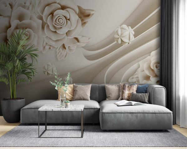 Witte rozen en witte golven Fotobehang Witte rozen en witte golven