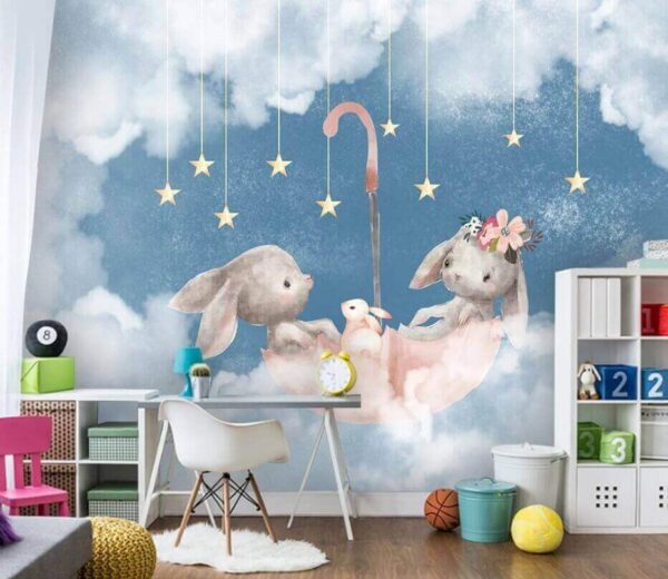 Wall murals Two rabbits in a pink umbrella Fotobehang Wall murals Two rabbits in a pink umbrella