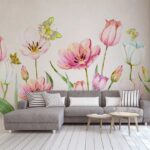 Fotobehang Schilderij van bloemen en vlinders