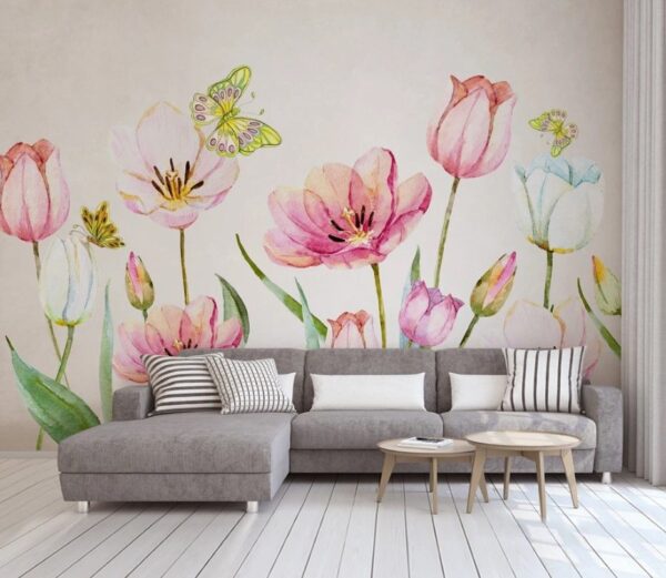 Schilderij van bloemen en vlinders Fotobehang Schilderij van bloemen en vlinders