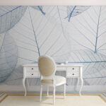 Fotobehang Transparante bladeren met blauw nervenpatroon