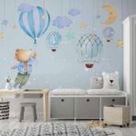 Fotobehang De beer van het beeldverhaal die een ballon houdt