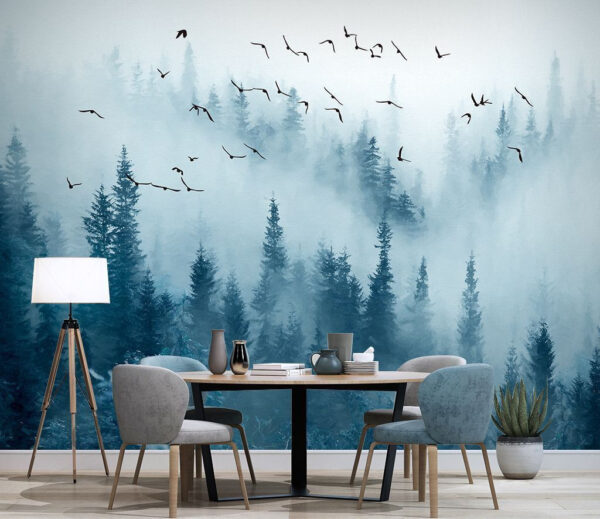 Een zwerm vogels vliegt in de lucht Fotobehang Een zwerm vogels vliegt in de lucht