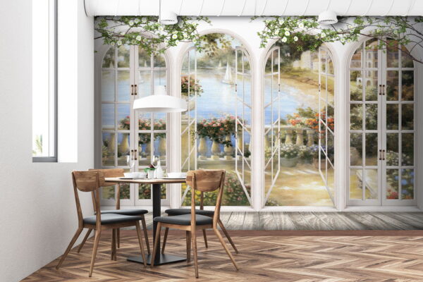 Landschappelijk uitzicht door gewelfde deuren Fotobehang Landschappelijk uitzicht door gewelfde deuren