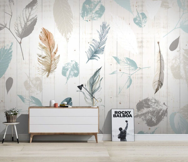 Groep veren op een houten oppervlak Fotobehang Groep veren op een houten oppervlak