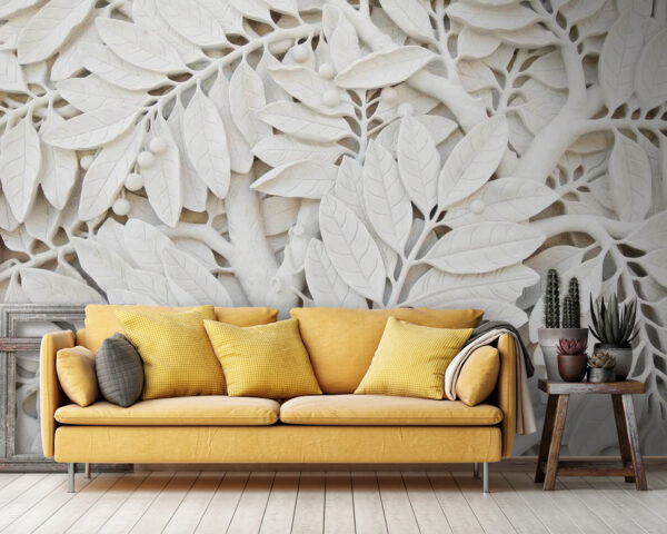 Witte boom met bladeren en bessen Fotobehang Witte boom met bladeren en bessen