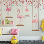 Fotobehang Roze flamingo met rode bladeren