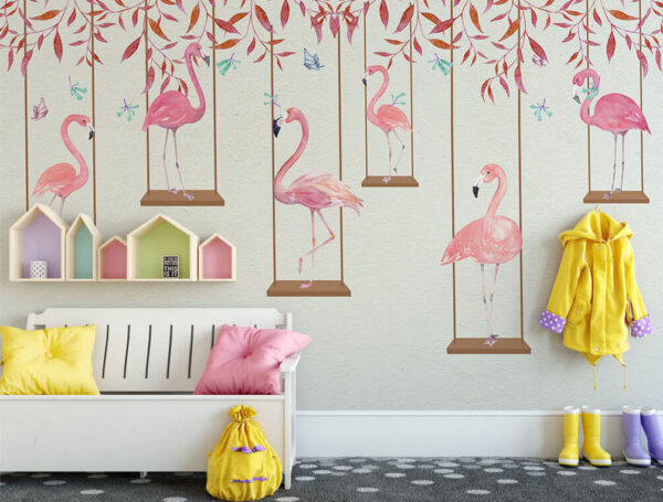 Roze flamingo met rode bladeren Fotobehang Roze flamingo met rode bladeren