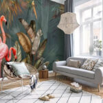 Fotobehang Flamingo's in een weelderig tropisch paradijs.