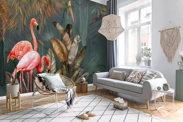 Flamingo's in een weelderig tropisch paradijs Fotobehang Flamingo's in een weelderig tropisch paradijs