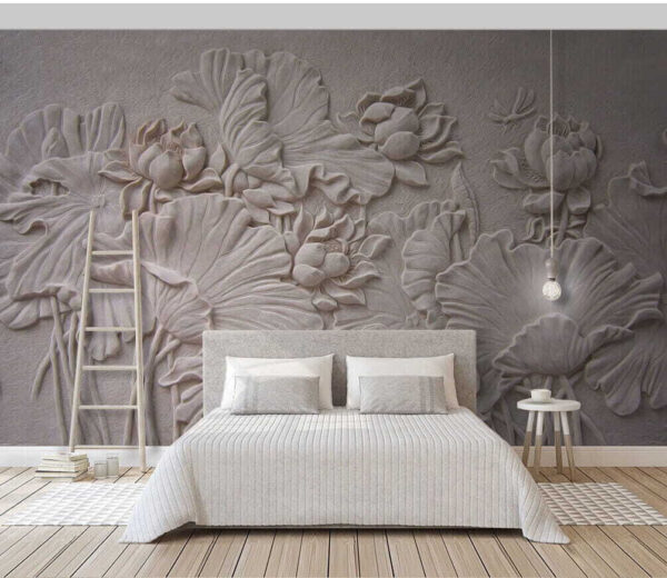 Gecompliceerd stenen reliëfkunstwerk met bloemen Fotobehang Gecompliceerd stenen reliëfkunstwerk met bloemen