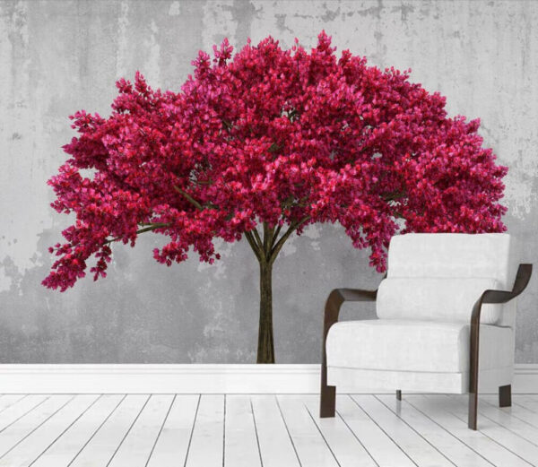 Levendige roze bloesems tegen beton Fotobehang Levendige roze bloesems tegen beton