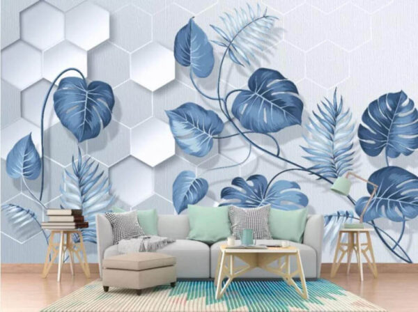 Blauwe bladeren op een witte achtergrond Fotobehang Blauwe bladeren op een witte achtergrond