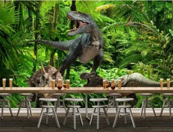 Groep dinosaurussen in een bos Fotobehang Groep dinosaurussen in een bos