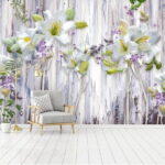 Fotobehang Groep witte bloemen op een houten oppervlak