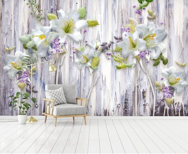 Groep witte bloemen op een houten oppervlak Fotobehang Groep witte bloemen op een houten oppervlak