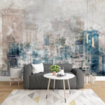 Fotobehang Abstract aquarel van skyline van een stadslandschap.