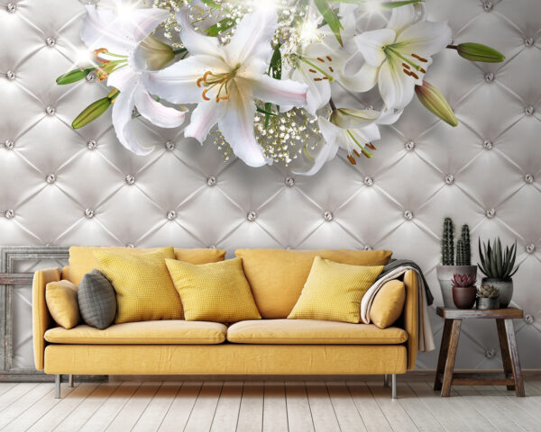 Groep witte bloemen op een witte achtergrond Fotobehang Groep witte bloemen op een witte achtergrond