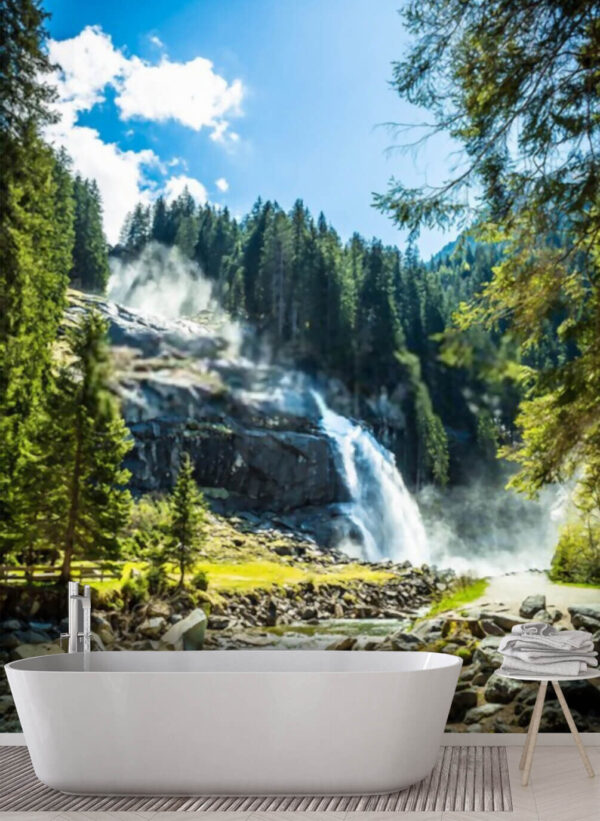 Bergwaterval te midden van weelderig groen bos Fotobehang Bergwaterval te midden van weelderig groen bos