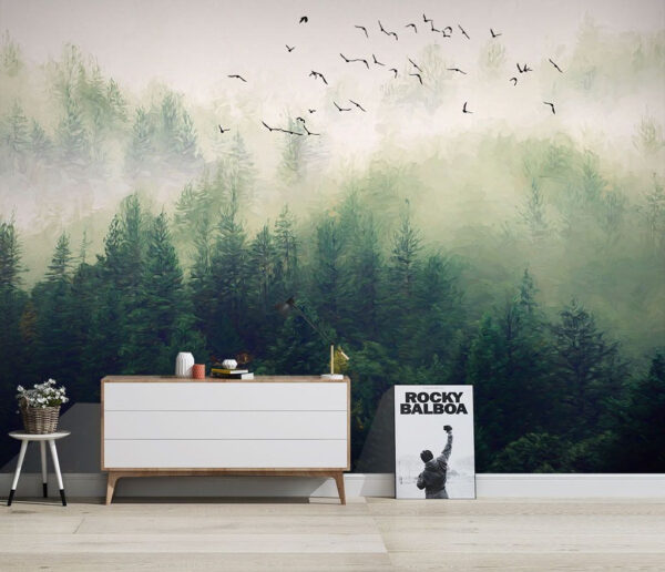 Vogels vliegen over een bos Fotobehang Vogels vliegen over een bos