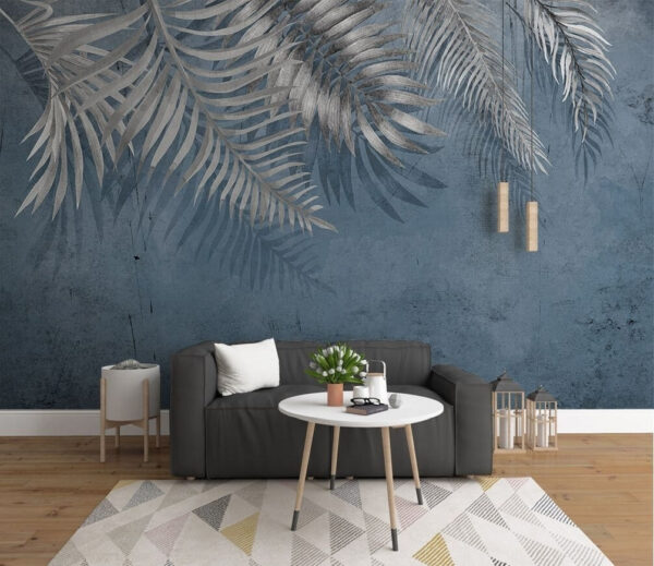 Fotobehang Zilverkleurige palmbladeren op blauwe achtergrond (Artikelnummer: u18312) Fotobehang Fotobehang Zilverkleurige palmbladeren op blauwe achtergrond (Artikelnummer: u18312)