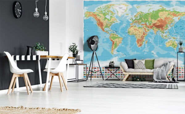 Kaart van de wereld met verschillende vlaggen Fotobehang Kaart van de wereld met verschillende vlaggen