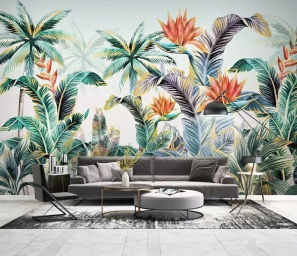 Tropisch blad met levendige bloemen Fotobehang Tropisch blad met levendige bloemen