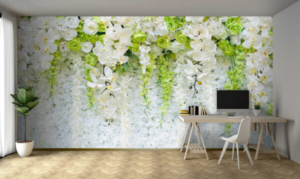 Groep witte en groene bloemen Fotobehang Groep witte en groene bloemen
