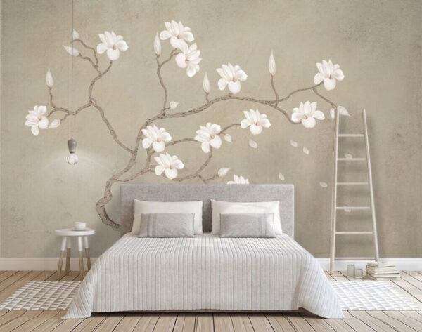 Delicate bloesems aan kronkelige takken Fotobehang Delicate bloesems aan kronkelige takken