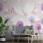 Fotobehang Paarse bloemen en vlinders in harmonie.