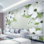 Fotobehang Witte bloemen met groene bladeren