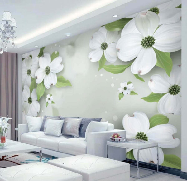 Witte bloemen met groene bladeren Fotobehang Witte bloemen met groene bladeren