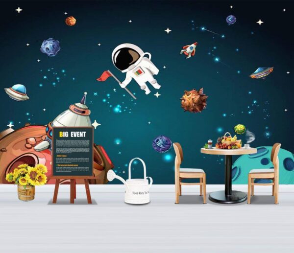 Cartoon ruimte scène met planeten en sterren Fotobehang Cartoon ruimte scène met planeten en sterren