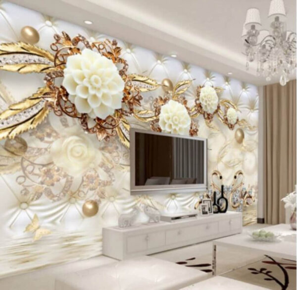 Elegante zwanen te midden van een bloemendecor Fotobehang Elegante zwanen te midden van een bloemendecor