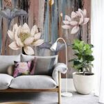 Fotobehang Schilderij van bloemen op een houten oppervlak